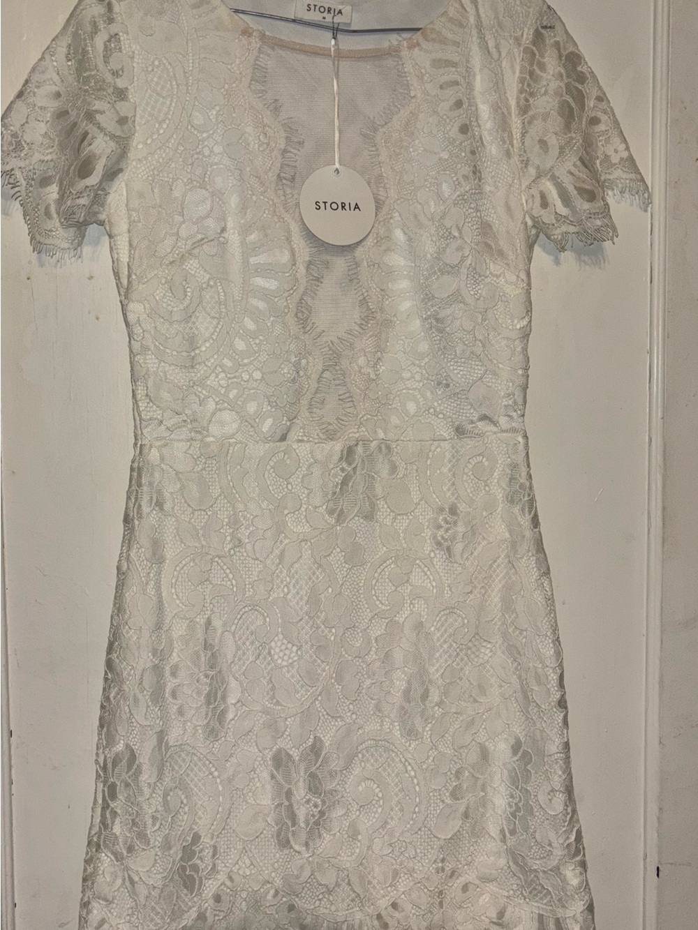Storia Ivory Lace Fit-and-Flare Short Sleeve Dress